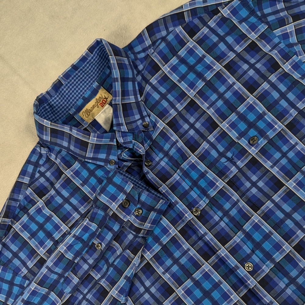 Wrangler 20X Mens Blue Plaid Long Sleeve Button Down Western Shirt XXL